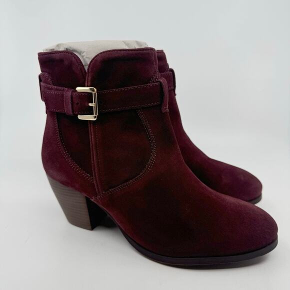 Diba Sleek Buckle Ankle Bootie Side Zipper Block Heel Burgundy Womens Size US7.5 - Picture 1 of 9